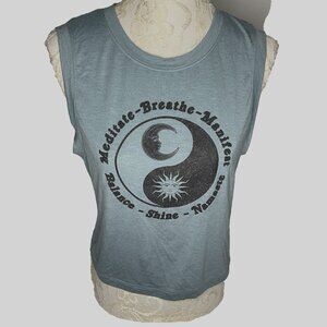 GURU Active W Sz  M Blue Sparkle Moon Sun Meditate Namaste Crop Yoga Tank Top